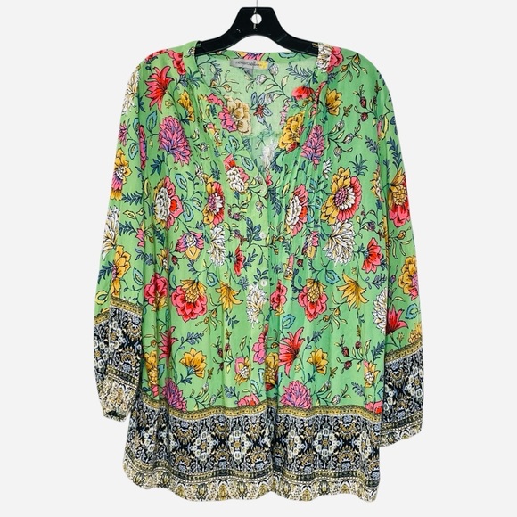 FIGUEROA & Flower Floral bohemian pleated blouse size XL. Green with pink white - Picture 1 of 9